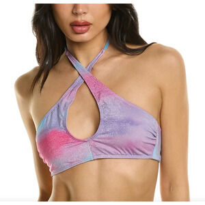BCBG Shimmer Rainbow Bikini Convertible Keyhole Halter Swim Top Large NWT